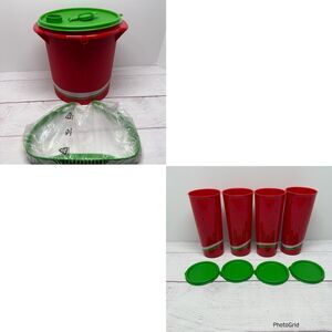 Tupperware 5L Jumbo Canister Bucket 4653 & 4 16OZ Tumblers 5107 Watermelon Red
